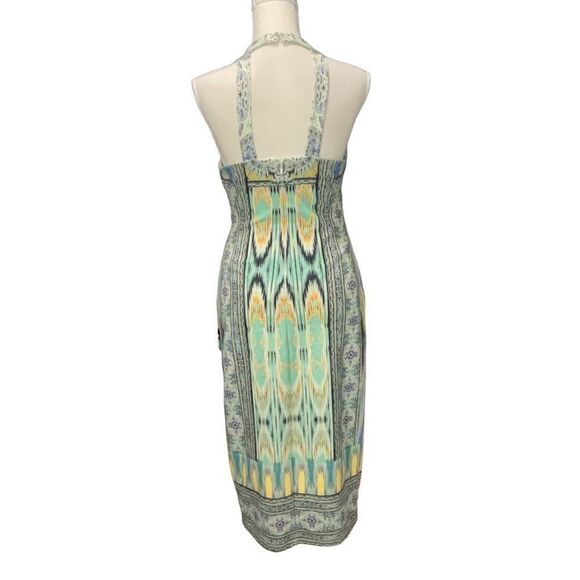 Hale Bob Geometric Colorful Lined Halter Stretch Bodycon Midi Dress V Neck M NWT - Picture 4 of 10
